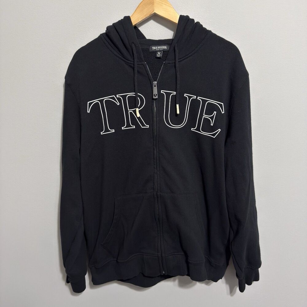 True Religion Hoodie Mens XL Black Full Zip Two Sided Spell Out Y2K Streetwear